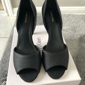 Black, open toe Calvin Klein heels, size 9
